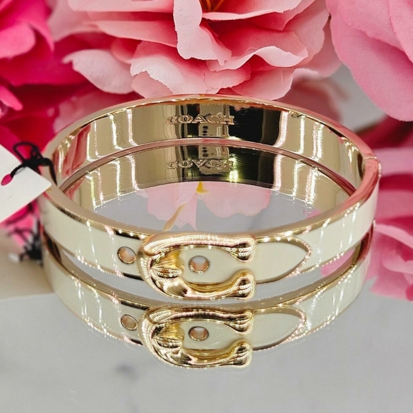 Coach Bracelet Gold Tone Enamel Buckle Hinge Bangle Logo Push Clasp Classic Gift - Picture 2 of 5